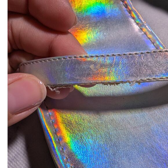 Vtg Y2K Soda Silver Holographic Flower Applique Chunky Clear Heel Sandals Sz 8.5 - Picture 6 of 8